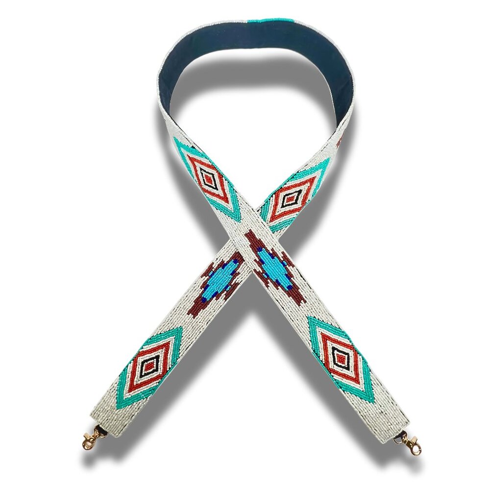 Anthropologie Beaded Geometric Mini Bag Strap in White, Turquoise, Red